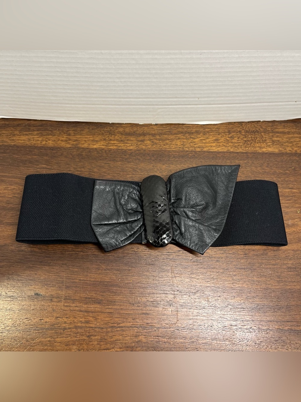 Vintage 80s Black Leather Wide Bow Belt W Snakeskin Detail Medium Hong Kong